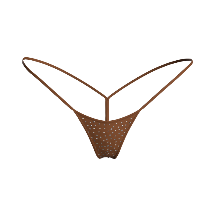 Rhinestone Y thong Brown
